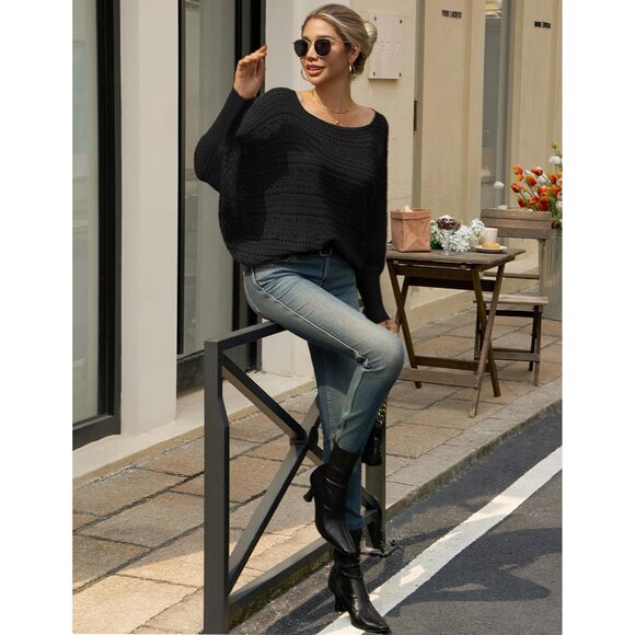 Women’s Black Off Shoulder Batwing Crochet Sweater Top, Fall Trendy - Picture 4 of 6